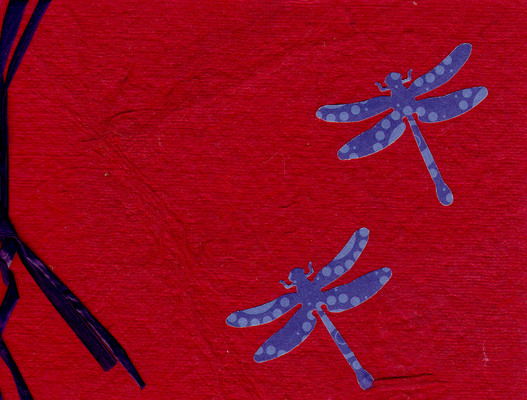111 - Blue dotted dragonflies on deep red paper