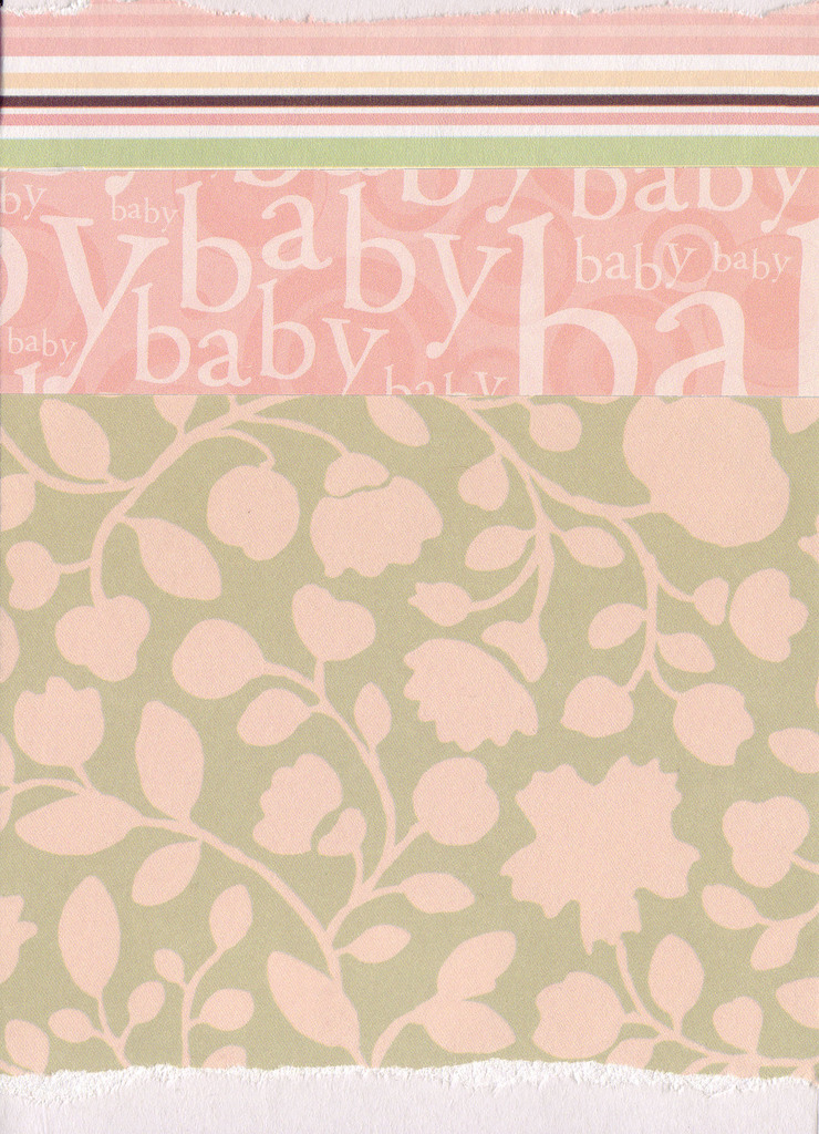 003 - 'Baby' with banded paper overlaid on pink floral paper