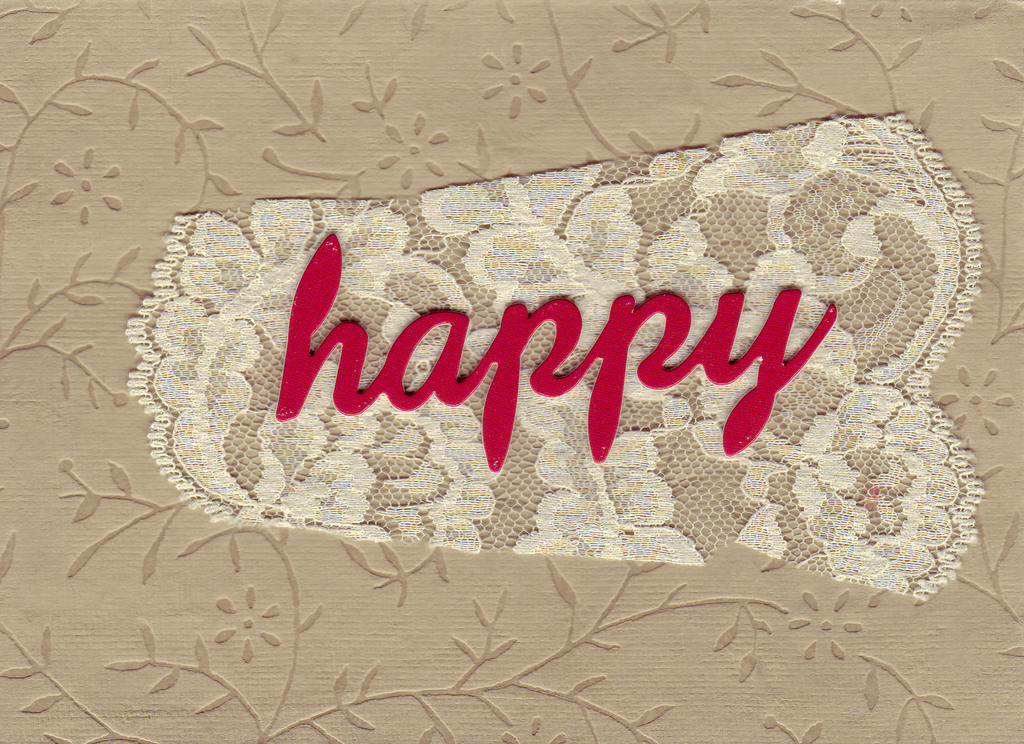 147 - 'Happy' on lace with lush flower-pattern embossed paper