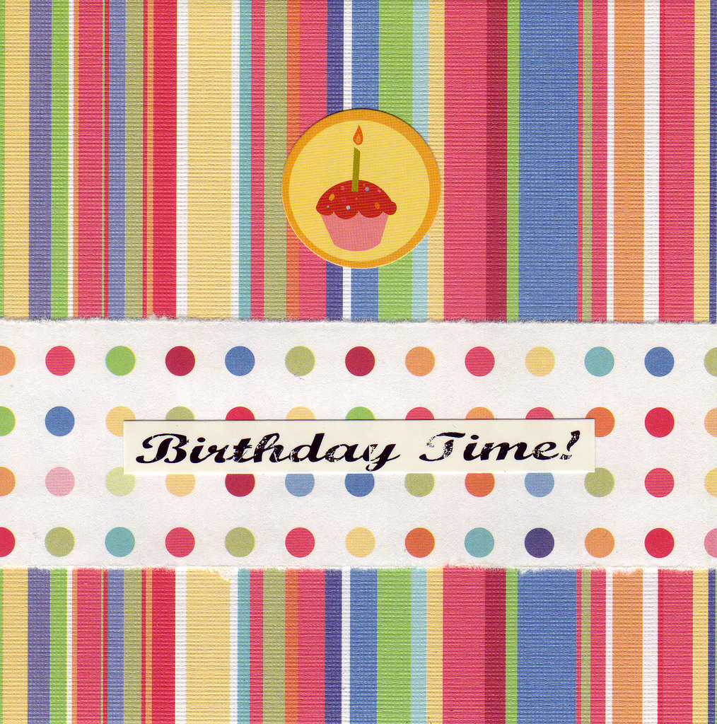 (SOLD) 154 - 'Birthday Time' with cupcake image on fun striped paper