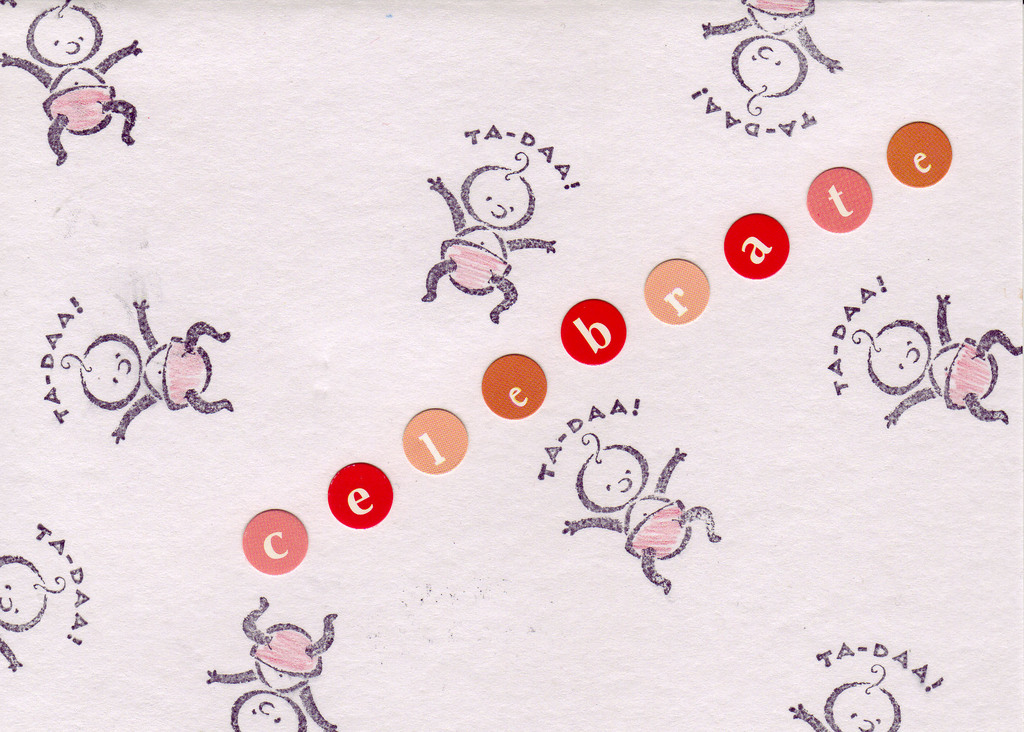 182 - 'Celebrate' with baby stamps on white paper