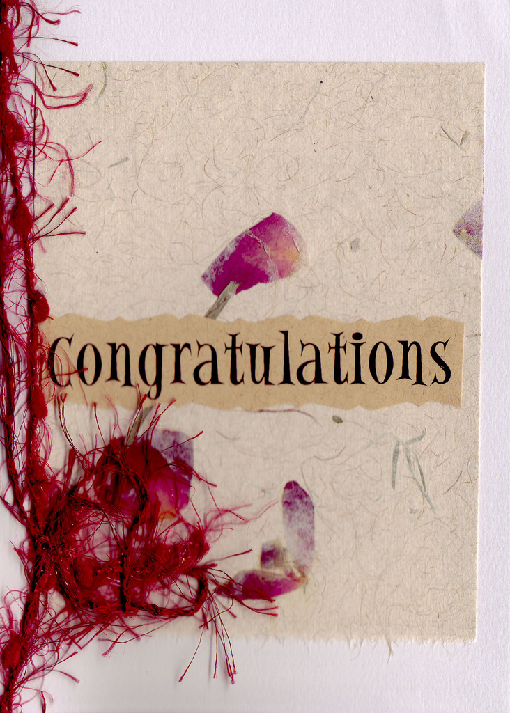 (SOLD) 183 - 'Congratulations' on rose petal embedded paper, with a ribbon tie