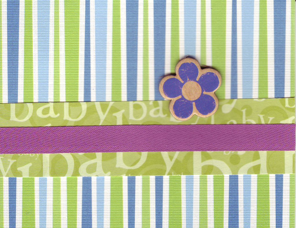 (SOLD) 207 - Baby (textured line patterned paper, green text, purple ribbon, raised flower)