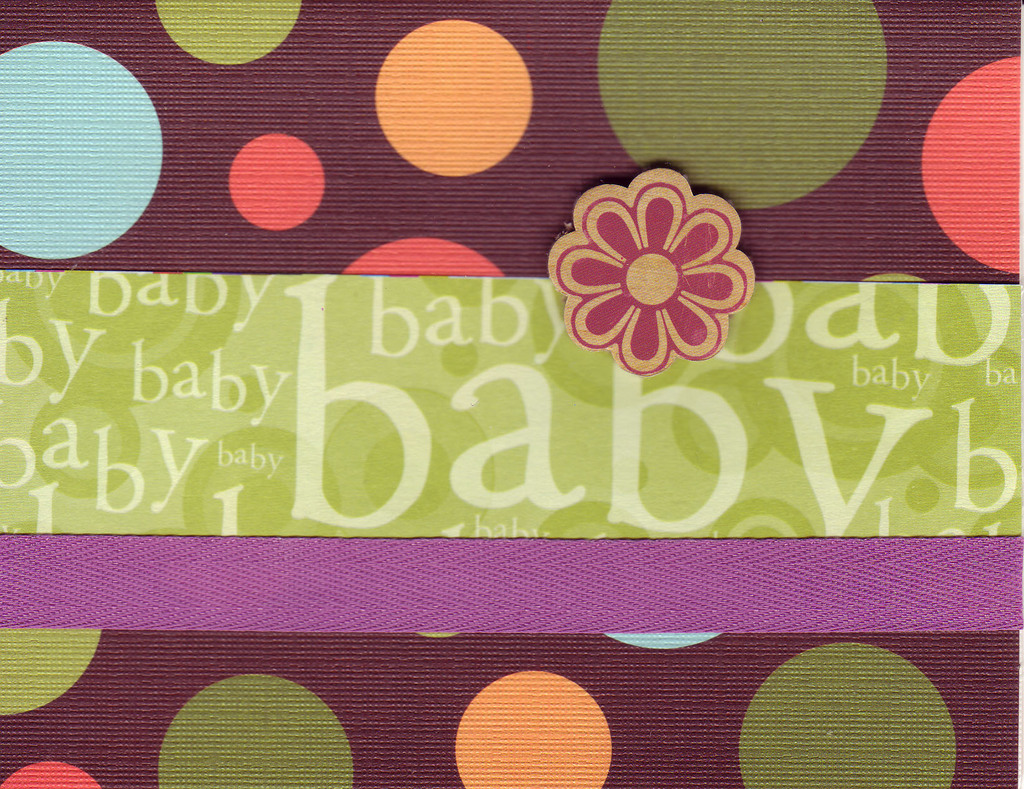 (SOLD) 208 - Baby (textured polka-dotted paper, green text, purple ribbon, raised flower)