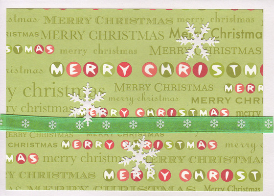 066 - Snowflakes over 'Merry Christmas' paper with a green snowflake ribbon