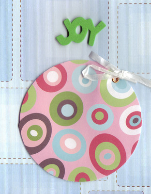 (SOLD) 085 - Green 'Joy' on funky dotted pink oranment on blue patterned paper