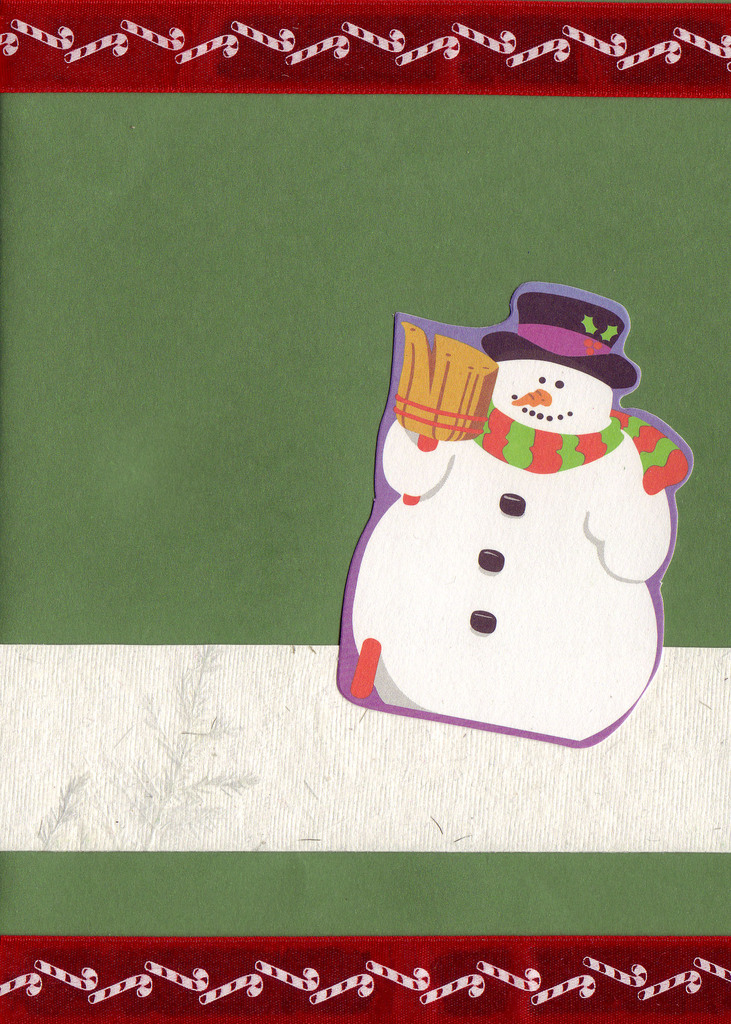 062 - Tree-green card with colorful Snowman, and candy-cane ribbons