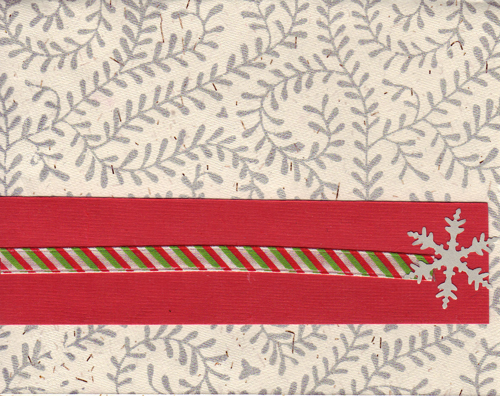 063 - Snowflake and striped ribbon on a richly textured card with fern print
