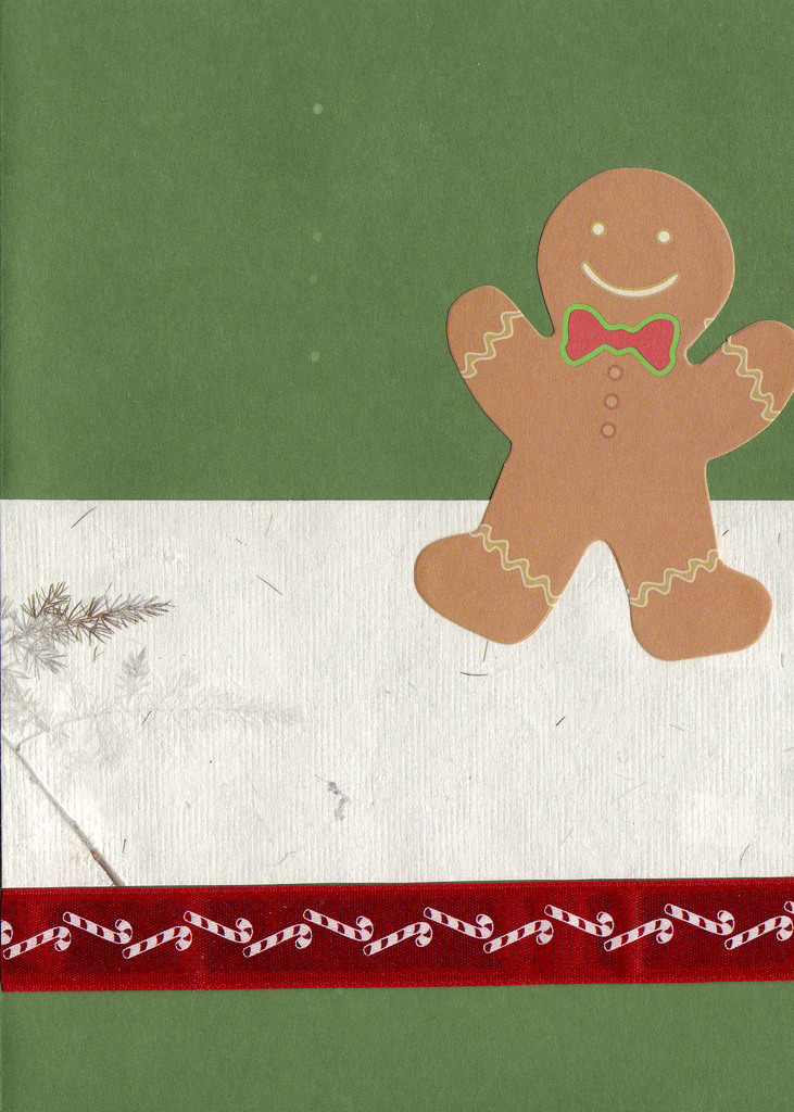 (SOLD) 064 - Gingerbread man and candycane ribbon on a tree-green card