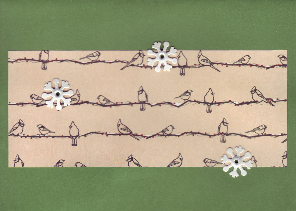 065 - Birds on a strand of lights attached to a tree-green card by snowflake brads