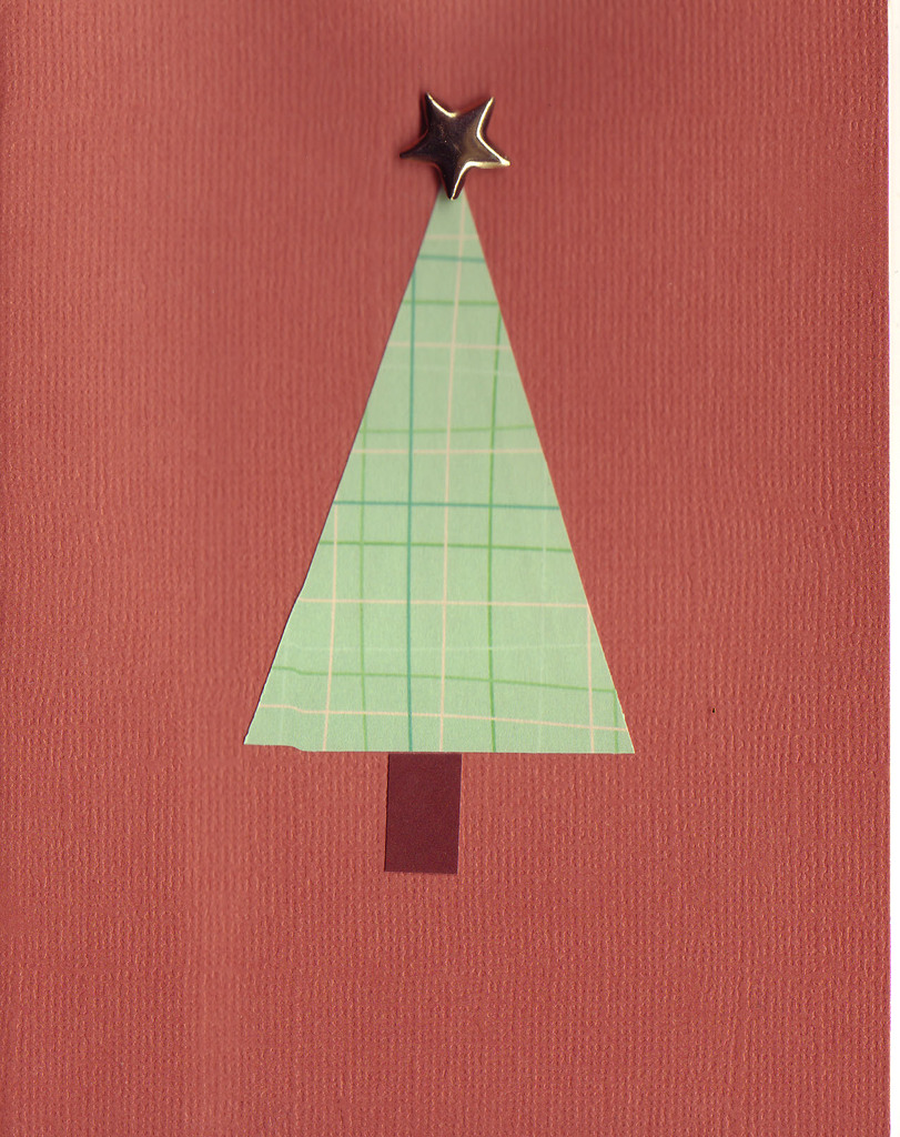 077 - Retro Christmas tree topped by a gold star on a rich textured red card