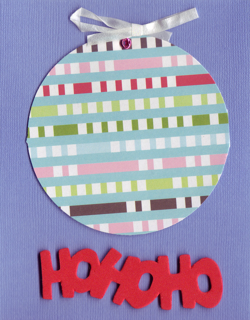 (SOLD) 081 - Red 'Ho Ho Ho' with multi-colored ornament on purple card