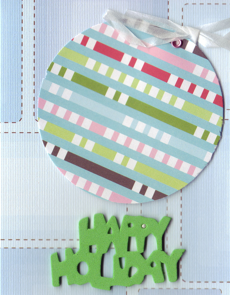 086 - Green 'Happy Holiday' with multi-colored ornament on patterned blue card