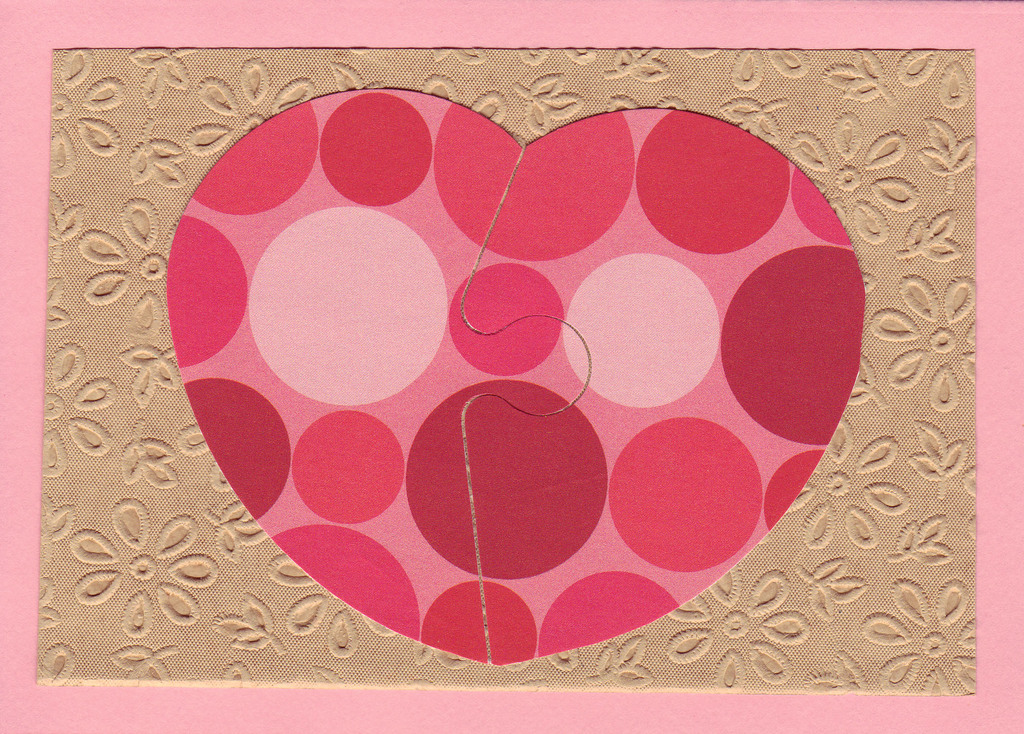(SOLD)169 - Interlocking dotted red heart on beautiful floral textured paper
