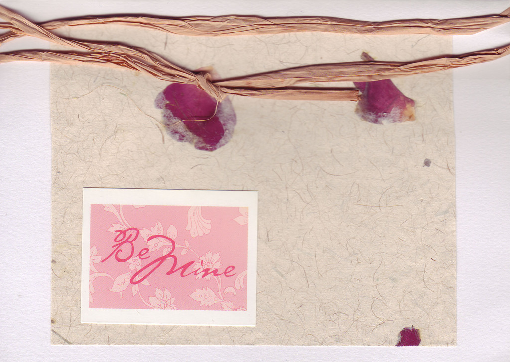 183 - 'Be Mine' on petal embedded paper with raffia ribbon