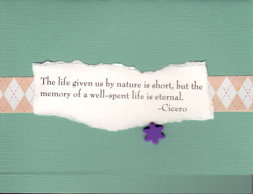 072 - 'The life given us by nature is short, but the memory of a well-spent life is eternal' on sea-foam green with a purple star