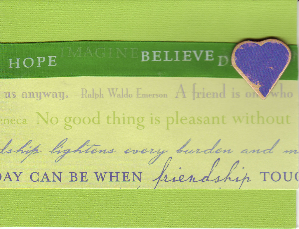 056 - 'Friends ...' with heart and green ribbon on lime green paper