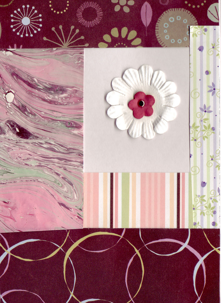 087 - Layered paper (floral, marbled, striped) with flower embellishment