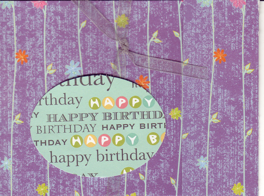 102 - (SOLD) 'Happy Birthday' on sophisticated purple floral paper with ribbon