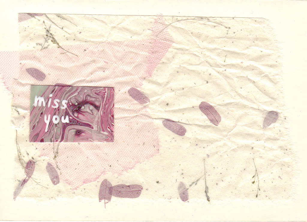 105 - 'Miss You' on paper with embedded petals, and netting