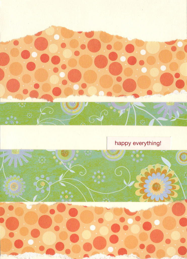 113 - 'Happy Everything' with orange bubble paper and green floral paper bands