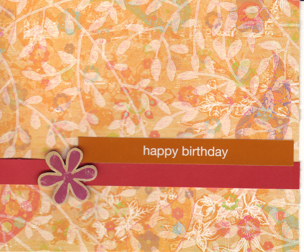 114 - 'Happy Birthday' with flower embellishment on amazing orange floral print paper
