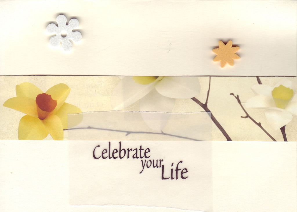 126 - 'Celebrate your Life' on vellum overlaid on daffodil print paper