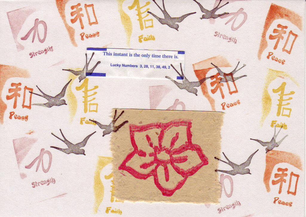 204 - Fortune cookie card with swallows and flower