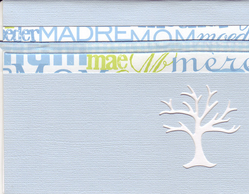 (SOLD) 023 - 'Mom, Mum, Moeder, Madre, Mere' with a light blue checkered ribbon on a sky blue card with an elegant tree cut-out