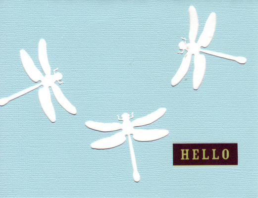 152 - 'Hello' on a sky-blue card  with dragonfly cutouts
