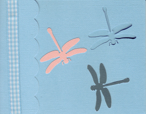 163 - Dragonflies on a blue card with checkered ribbon highlight and scalloped flap