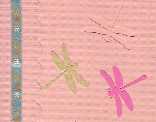 164 - Dragonflies on a pink card with starred ribbon highlight and scalloped flap