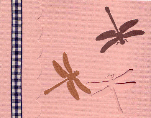 165 - Dragonflies on a pink card with checkered ribbon highlight and scalloped flap