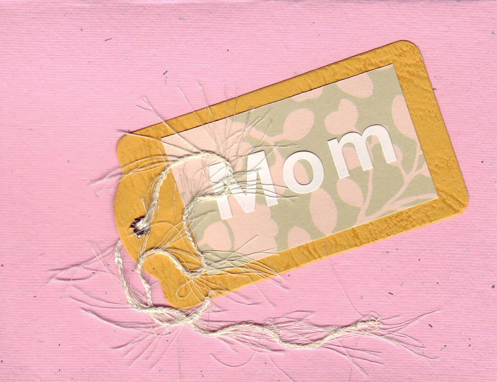 (SOLD) 002 - 'Mom' on orange and pink floral tag on pink paper