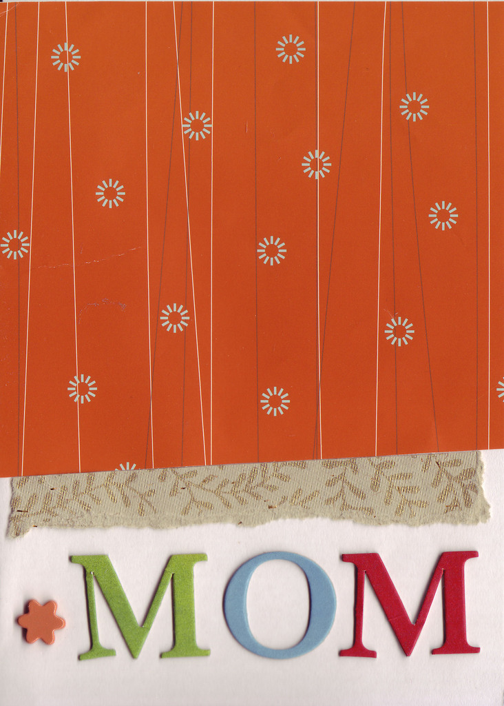  019 - 'Mom' under stylish red paper with gold and tan ribbon