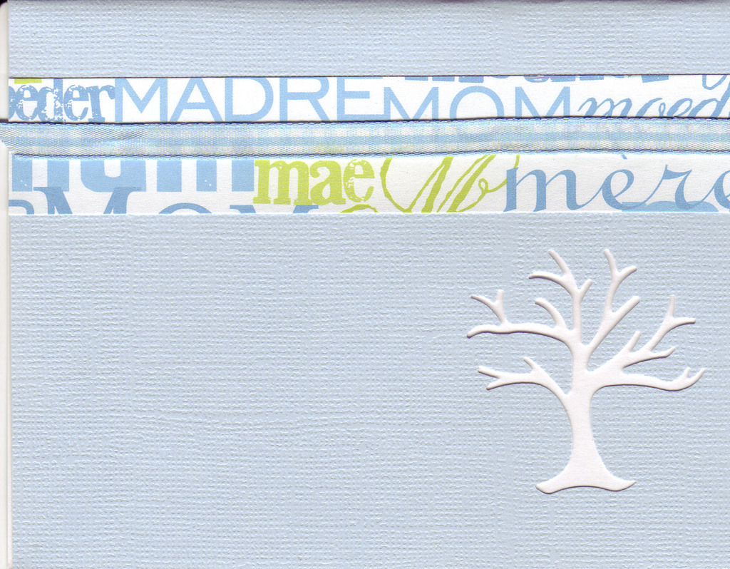 (SOLD) 023 - 'Mom, Mum, Moeder, Madre, Mere' with a light blue checkered ribbon on a sky blue card with an elegant tree cut-out