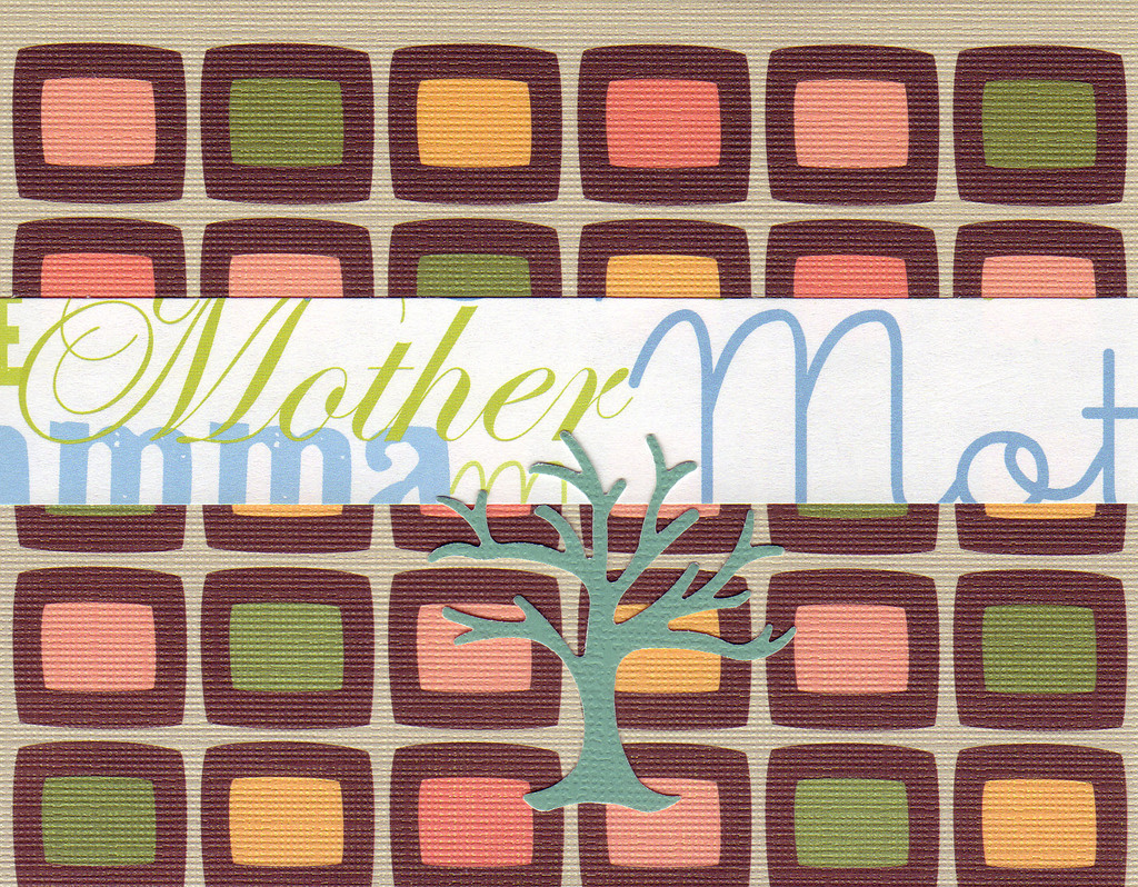 027 - (SOLD) 'Mother' on a retro patterened paper with a green 'family' tree
