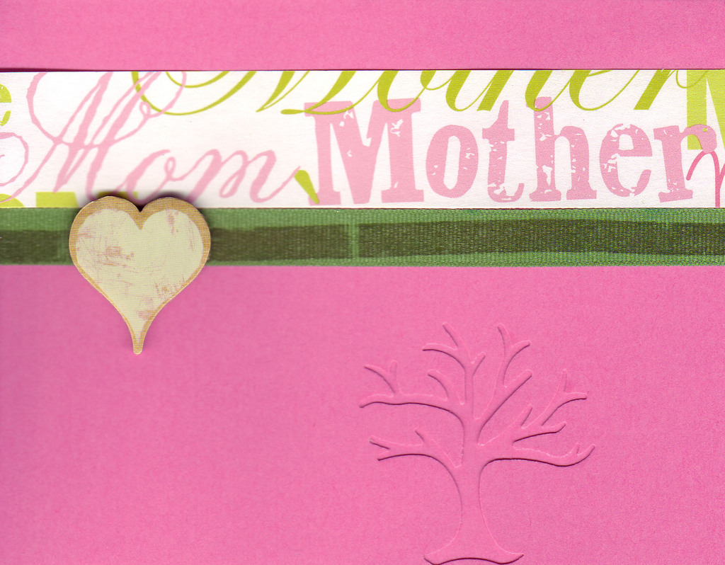 (SOLD) 032 - 'Mother' on a pink card with a 'family tree' cutout overlaid with a large heart
