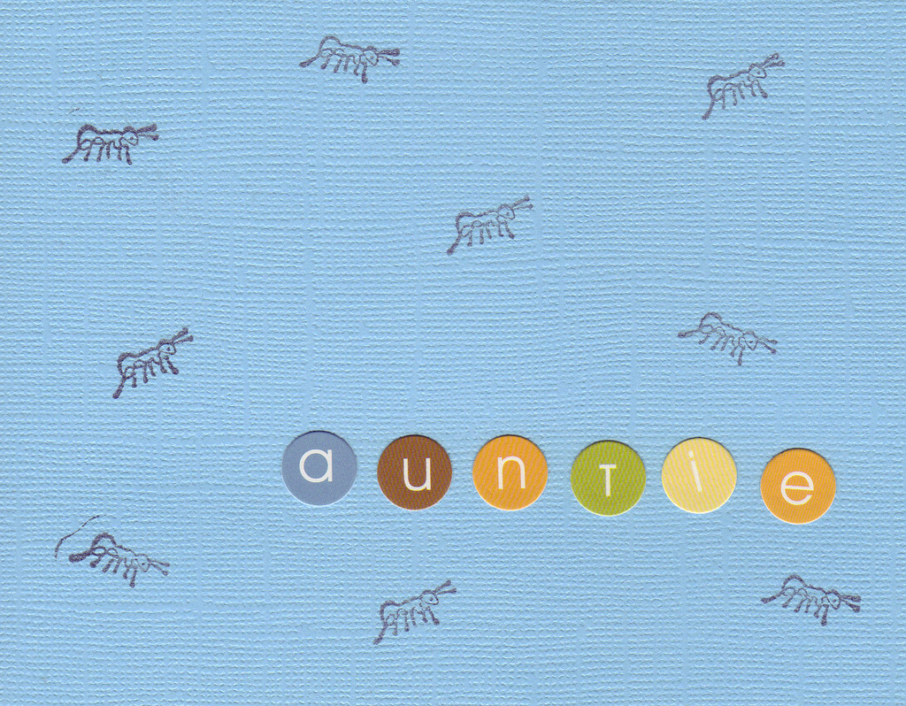 038 - 'Auntie' on vibrant blue ant-stamped card