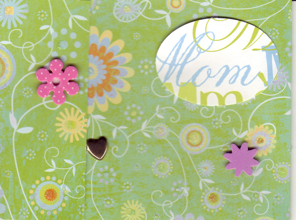 100 - 'Mom' card on green floral paper with flower and heart embellishments