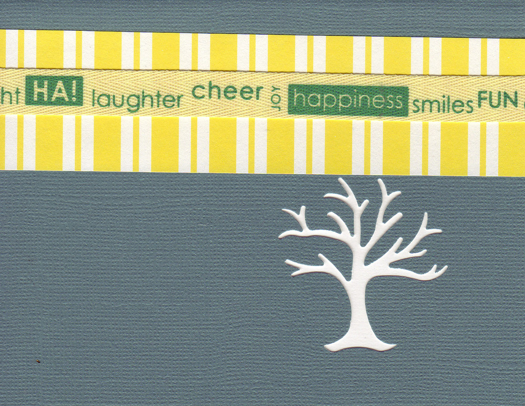 131 - 'Laughter, cheer, joy, happiness, smiles, fun, delight' with yellow striped paper on a slate card with a family tree cutout