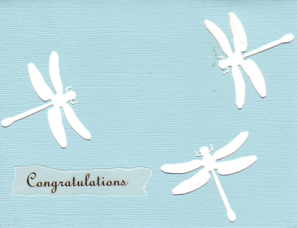 (SOLD) 153 - 'Congratulations' on a sky-blue card  with dragonfly cutouts
