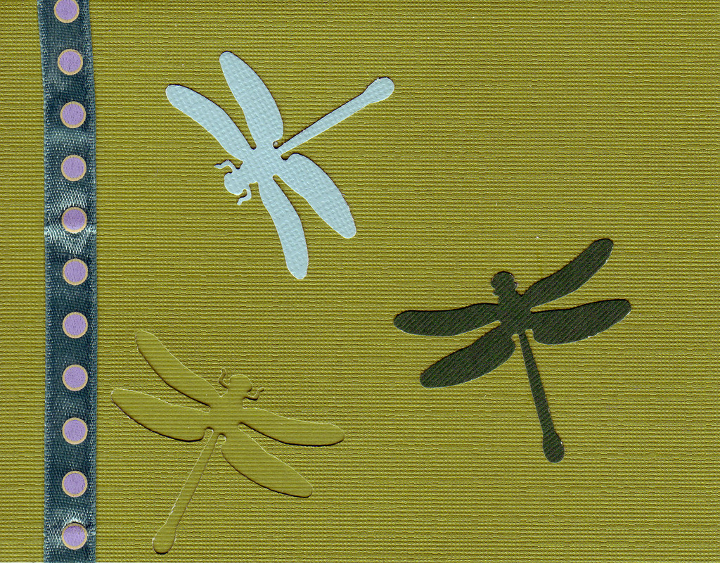 159 - Dragonflies on a green card with dotted ribbon highlight
