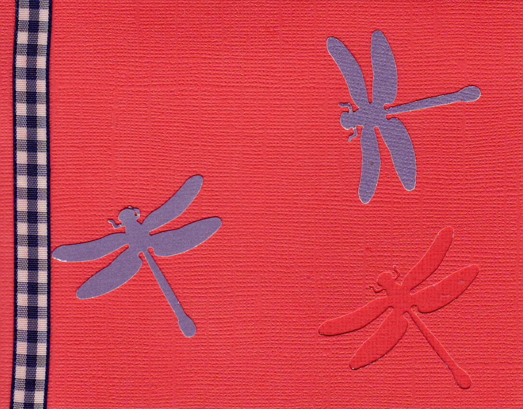 161 - Dragonflies on a red card with checkered ribbon highlight