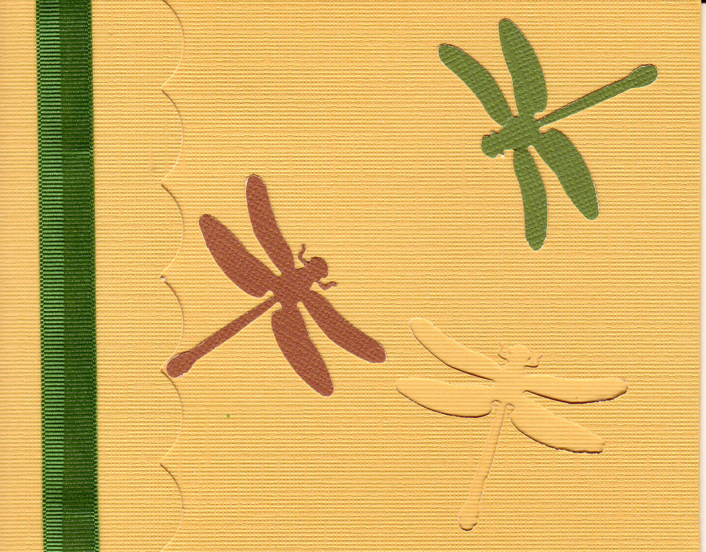 162 - Dragonflies on a yellow card with striped ribbon highlight and scalloped flap