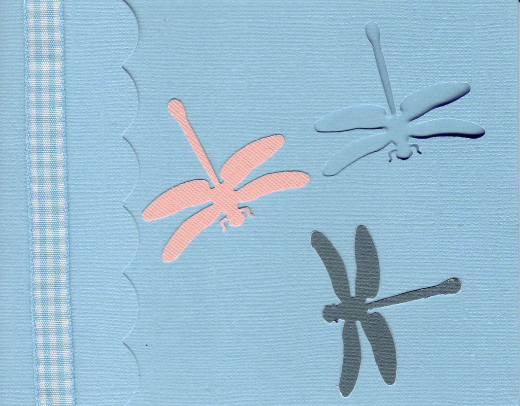 163 - Dragonflies on a blue card with checkered ribbon highlight and scalloped flap