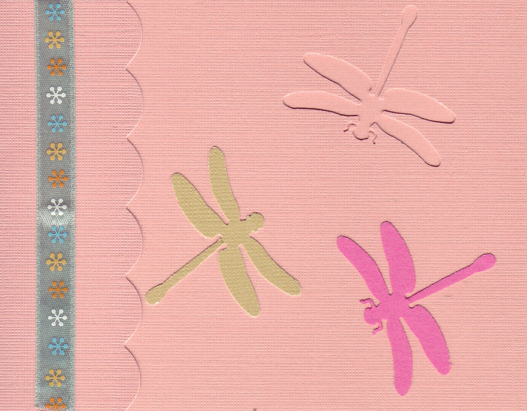 164 - Dragonflies on a pink card with starred ribbon highlight and scalloped flap