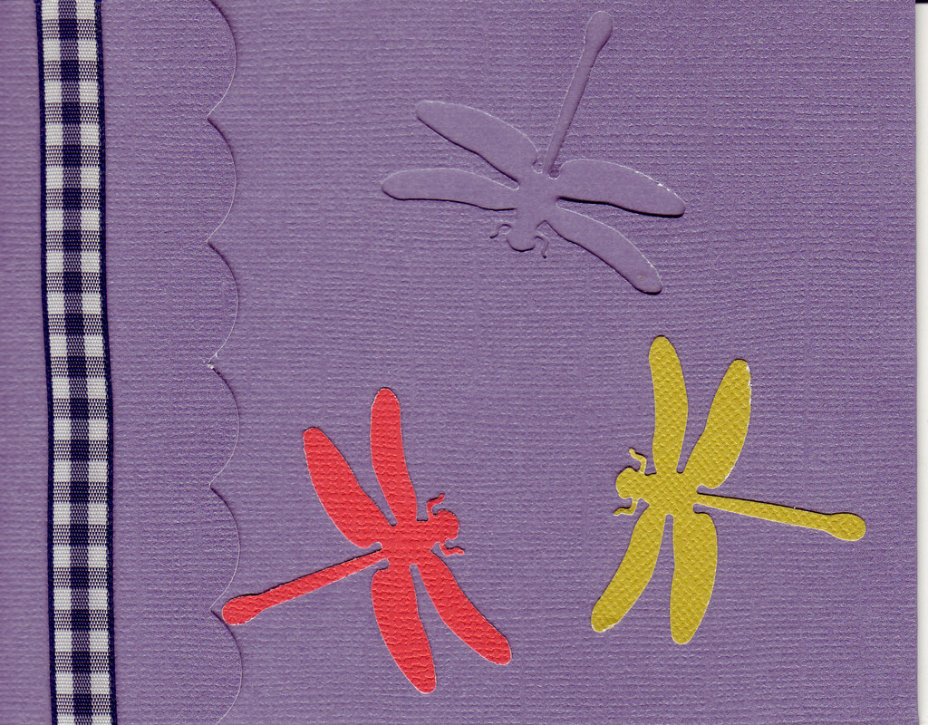 166 - Dragonflies on a purple card with checkered ribbon highlight and scalloped flap