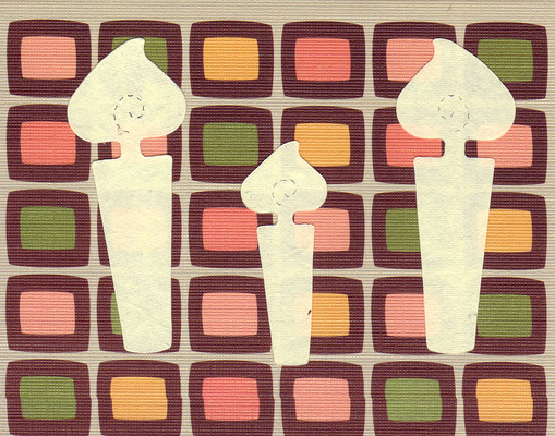 004 - Three ivory candles on a retro olive, blue and pink patterned card