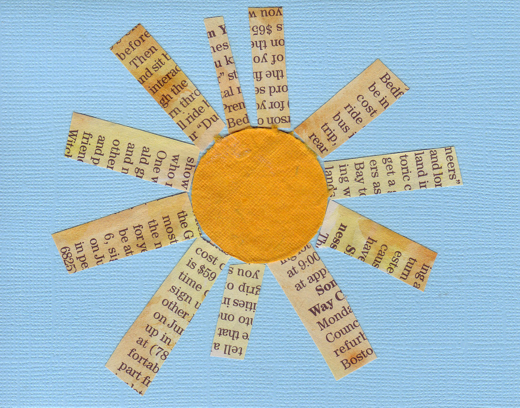 002 - Funky newspaper and yellow paper sun on textured blue card